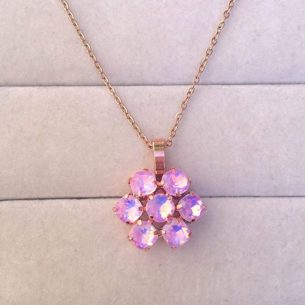 Pink Opal Aurora Borealis +Rose Gold Crystal Flower Drop Pendant Necklace - Picture 6 of 6